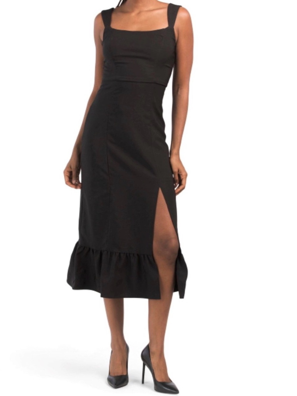 NWT Laundry by Shelli Segal Square Neck Ruffle Hem Side Split Midi Dress-6 *Flaw